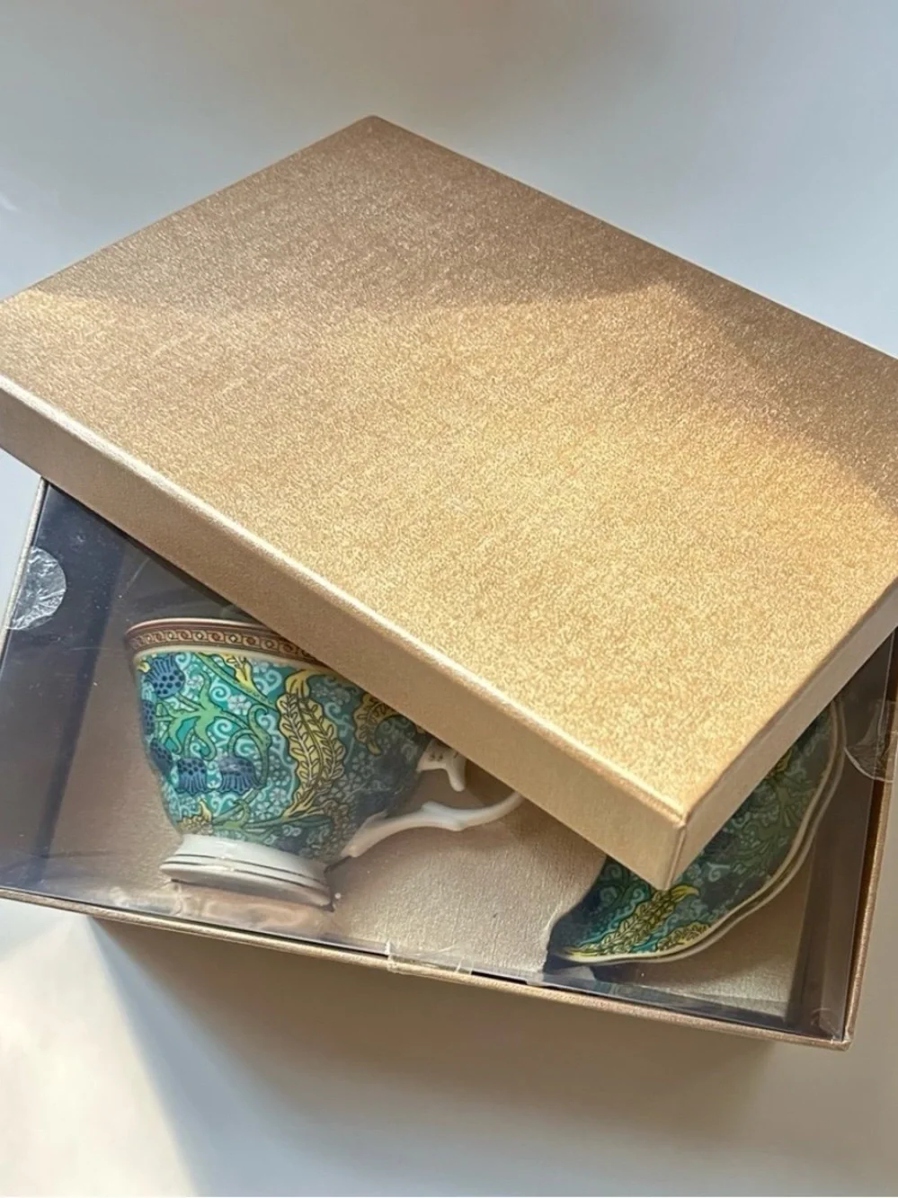 Grace Teaware Green & Gold Porcelain Teacup Set 2 Cups & 2 Saucers Gift Box NWT